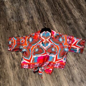 Colorful Patterned Tie-Front Blouse